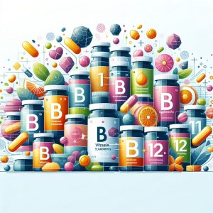 Assortment of vibrant and diverse B vitamin supplements displayed in an organized and visually appealing manner, symbolizing energy and vitality.