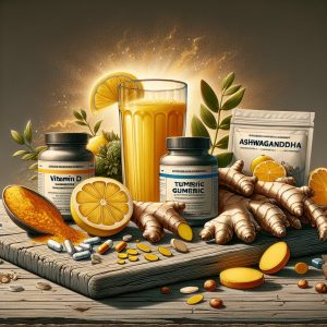 Assortment of fresh ingredients for Magnesium, Vitamin D, Turmeric, Ginger, and Ashwagandha Lemonade on a wooden cutting board.