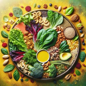 A diverse plate filled with leafy greens, whole grains, nuts, seeds, and lean proteins, symbolizing the essence of vitamin B complex for overall health.