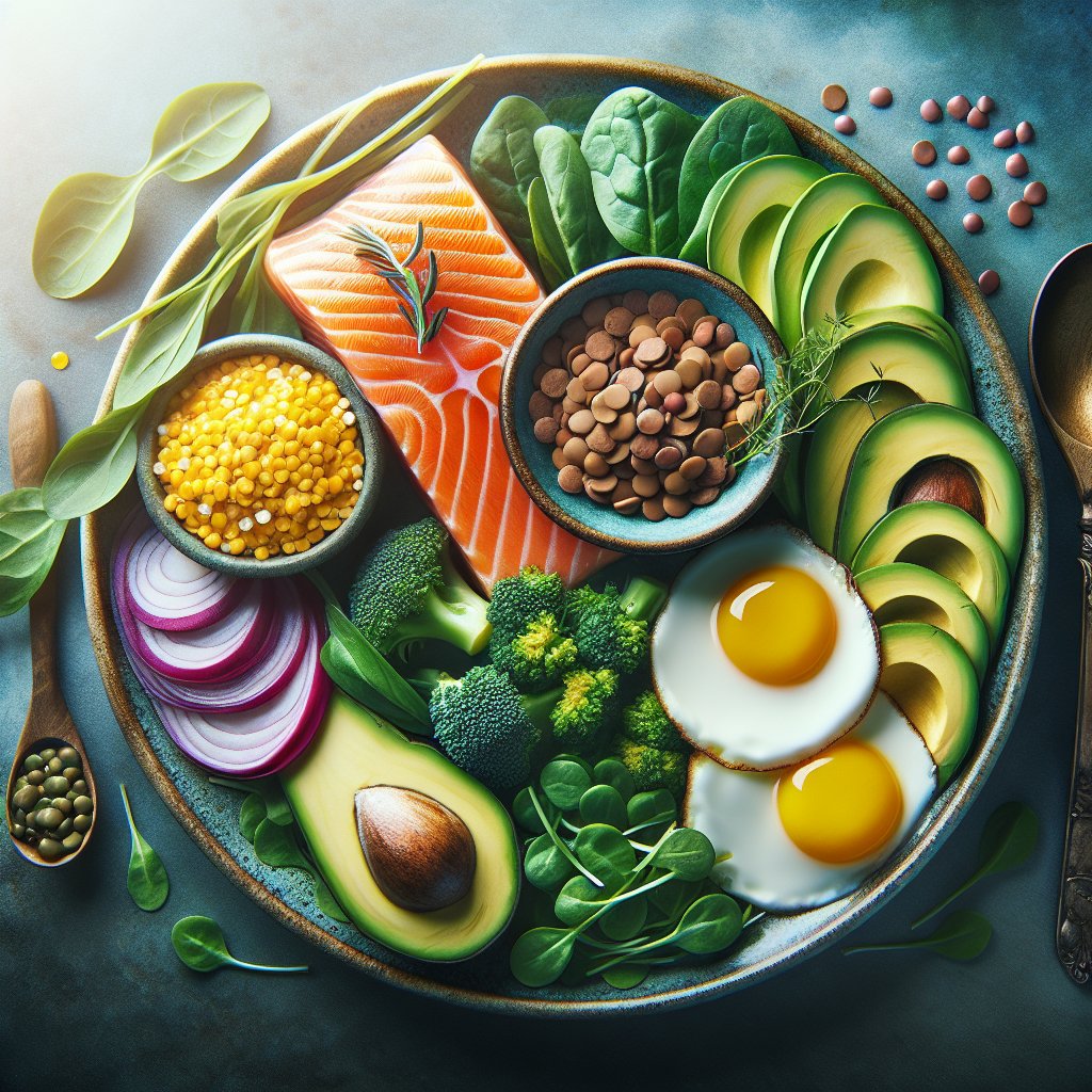 A vibrant and diverse plate featuring foods rich in Vitamin B12, B6, and B9, including salmon, lentils, leafy greens, eggs, and avocado, arranged in a visually appealing and colorful way to convey a balanced and nutritious meal for optimal Vitamin B absorption.