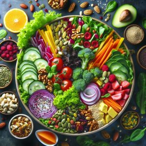 A colorful and diverse salad rich in vitamin B, featuring leafy greens, whole grains, nuts, seeds, and lean proteins, showcasing a variety of textures and colors.