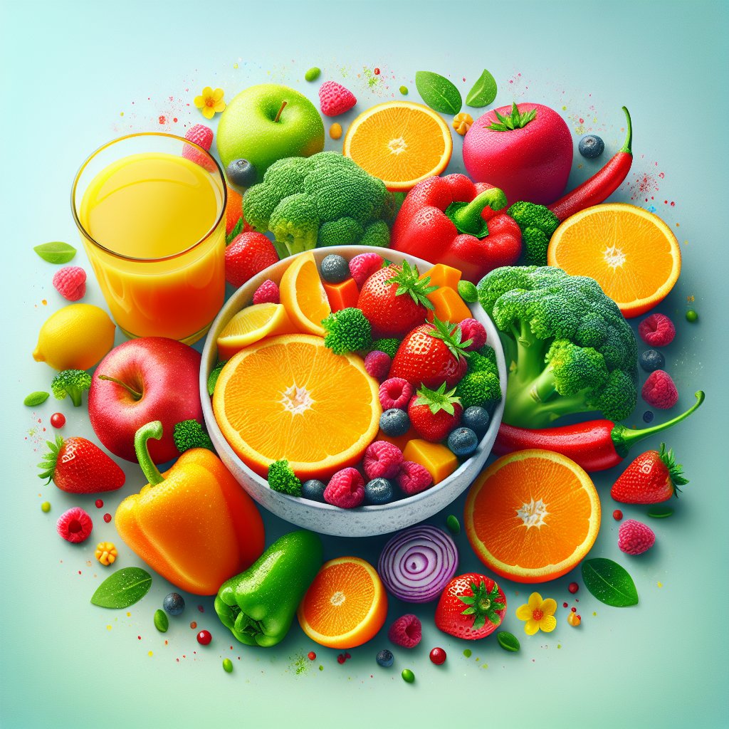 Assorted Vitamin C-rich fruits, vegetables, and juices promoting immune-boosting and antioxidant benefits