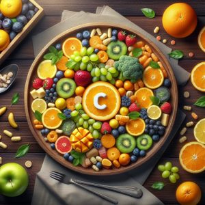 Artfully arranged plate displaying a variety of colorful fruits rich in Vitamin C, designed specifically to cater to children's nutritional needs.