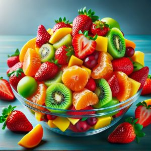 A colorful and appetizing fruit salad in a glass bowl overflowing with diced oranges, strawberries, kiwis, and mangoes, highlighting a variety of textures and colors.