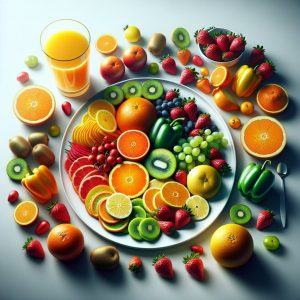 Colorful array of vitamin C-rich fruits - oranges, kiwis, strawberries, and bell peppers - on a white plate with a glass of freshly squeezed orange juice.
