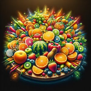 Assorted fruits and vegetables rich in Vitamin C creatively arranged on a wooden cutting board