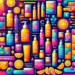 Colorful skincare display featuring various types of Vitamin C like L-ascorbic acid, sodium ascorbyl phosphate, and ascorbyl palmitate, illustrating the diversity and effectiveness of Vitamin C options for skincare routines.