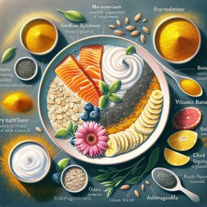 An artfully arranged breakfast bowl featuring sliced bananas, golden turmeric oats with chia seeds, smoked salmon slices, and ashwagandha powder on Greek yogurt, symbolizing magnesium, turmeric, vitamin D, and Ashwagandha supplements for optimal wellness and weight loss benefits.