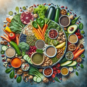 A vibrant plate filled with leafy greens, nuts, seeds, whole grains, and lean proteins, symbolizing overall health and wellness rich in B vitamins.