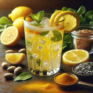 Vibrant glass of Vitamin D, Magnesium, Turmeric Lemonade with lemon slices and magnesium-rich seeds, exuding freshness and nourishment