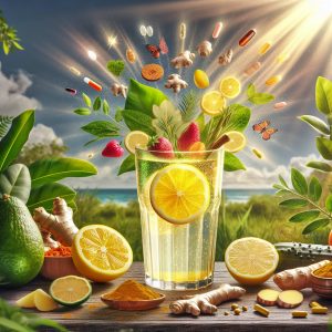 Vibrant glass of Lemonade infused with turmeric, ginger, ashwagandha, and magnesium, surrounded by lush greenery and fruits, symbolizing the importance of essential vitamins and supplements for wellness.