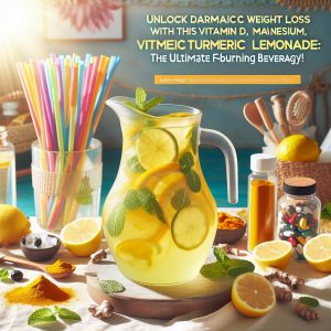Fresh and vibrant vitamin D, magnesium, turmeric lemonade pitcher surrounded by sliced lemons, grated turmeric, and mint leaves on a sunlit table with yoga mat and supplements in the background.