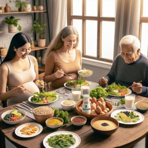 Diverse group enjoying a meal rich in vitamin B complex sources representing specialized dietary needs