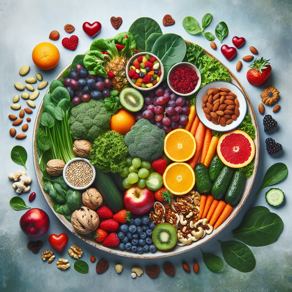 A vibrant and diverse plate of food with colorful vegetables, fruits, nuts, and grains known to support heart health, boost energy levels, and improve cognitive function, demonstrating the benefits of incorporating Vitamin B-Denk.