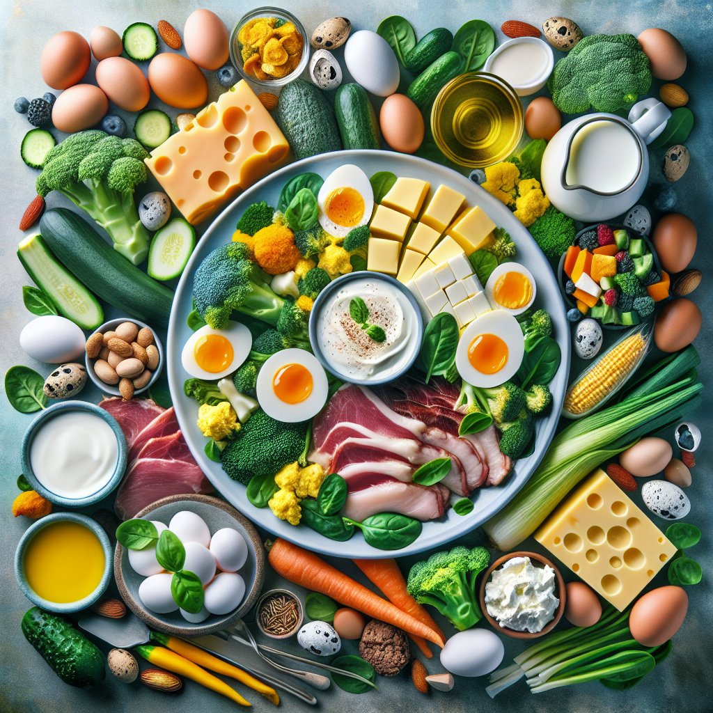 Assortment of dairy products, green leafy vegetables, eggs, and lean meats rich in Vitamin B2 on a vibrant plate showcasing variety and health benefits