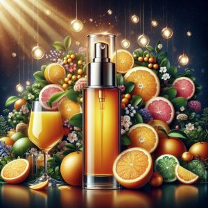 A luxurious skincare display featuring Dr. Brenner's Vitamin C Serum, surrounded by fresh citrus fruits in a spa setting, symbolizing radiance and beauty.