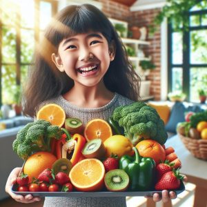 A joyful 9-year-old child holding a variety of colorful fruits and vegetables, including oranges, strawberries, kiwi, bell peppers, and broccoli, showcasing their high Vitamin C content.