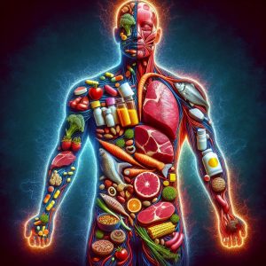 Illustration of human body composed of Vitamin B12-rich foods and supplements showcasing importance of Vitamin B12 for overall wellness.