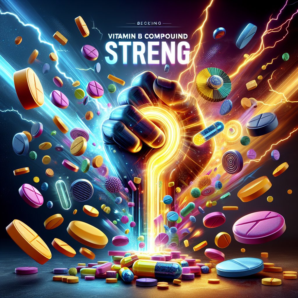 Vibrant and colorful Vitamin B tablets surrounded by dynamic lightning bolts, symbolizing strength and vitality.