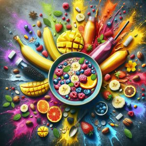 Colorful and vibrant smoothie bowl filled with bananas, berries, mangoes, nuts, and seeds, symbolizing the energy-boosting properties of Vitamin B complex.