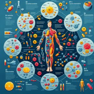 Illustration showing the importance of various types of Vitamin B in energy metabolism, cell function, DNA synthesis, and red blood cell production for overall health.