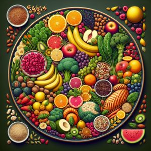 A vibrant and diverse plate filled with an assortment of colorful fruits, leafy greens, whole grains, nuts, seeds, and lean proteins, symbolizing the essential role of Vitamin B in maintaining overall health.