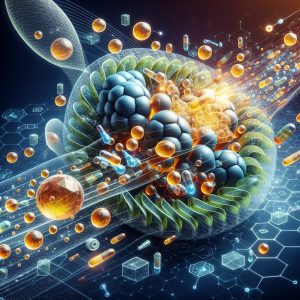 Illustration of futuristic liposomal technology delivering vitamin C for enhanced absorption and bioavailability.