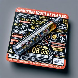 Colorful label on a THC cartridge displaying detailed ingredients and concentrations, with emphasis on presence or absence of Vitamin E acetate for user safety.