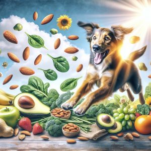 Happy and energetic dog playing outdoors surrounded by Vitamin E-rich fruits and vegetables