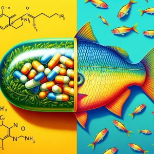 Illustration of Vitamin E mixed with fish scent, symbolizing the intriguing connection between the two