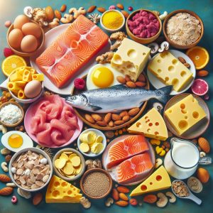 Colorful plate featuring salmon, eggs, dairy products, and fortified cereals rich in Vitamin B12 for nerve repair.
