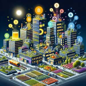 Illustration of vibrant cityscape with B vitamins representing different functions in the body