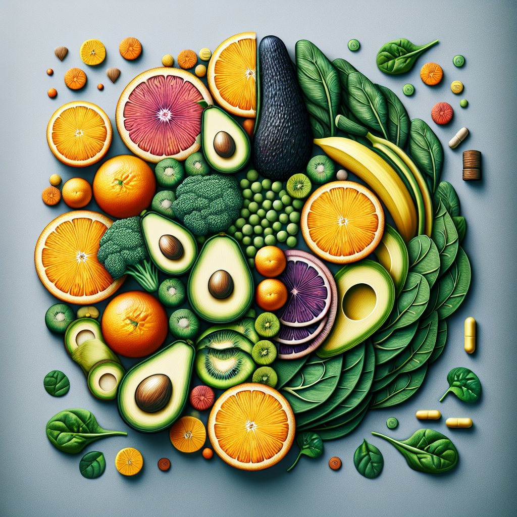 Assortment of oranges, spinach, avocados, and bananas representing vitamin B complex sources in a balanced and artistic display