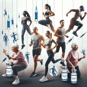 Diverse group of individuals engaging in physical activities with Vitamin B complex injection symbols
