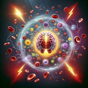 Illustration of a glowing brain surrounded by energy symbols and red blood cells, symbolizing the health benefits of Vitamin B consumption