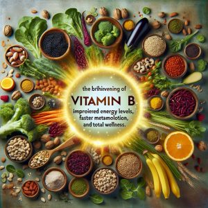 Assorted colorful superfoods high in Vitamin B, showcasing a vibrant array of leafy greens, legumes, nuts, and whole grains for increased energy and vitality.