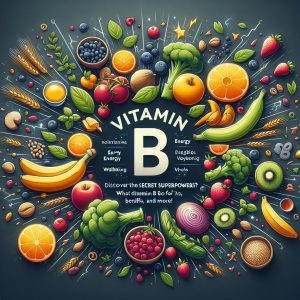An array of vibrant fruits, vegetables, and whole grains symbolizing vitality and energy, representing the importance of Vitamin B for overall health.
