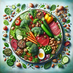 A vibrant and colorful plate filled with an assortment of Vitamin B-rich foods such as leafy greens, nuts, seeds, eggs, and lean meats, symbolizing the importance of Vitamin B in promoting health and vitality.