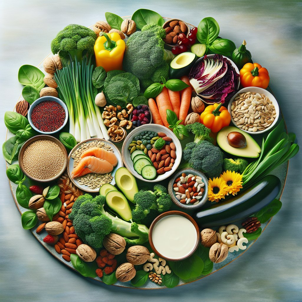 Assortment of Vitamin B-rich foods including leafy greens, whole grains, nuts, seeds, poultry, and dairy products arranged in a vibrant and diverse plate, symbolizing vitality and health.