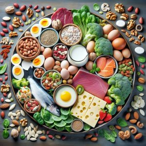 A beautifully arranged plate showcasing a colorful variety of foods rich in Vitamin B, including eggs, nuts, seeds, dairy products, meat, fish, leafy greens, and fortified cereals, symbolizing a balanced and nutritious meal.