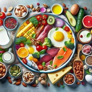 Assortment of Vitamin B rich foods on a vibrant and colorful plate, including meats, fish, eggs, dairy, nuts, seeds, and vegetables
