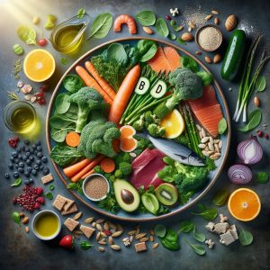 A vibrant and diverse plate filled with colorful foods rich in Vitamin B, including leafy greens, lean meats, fish, dairy products, and fortified cereals, symbolizing the essential role of Vitamin B in maintaining overall health.