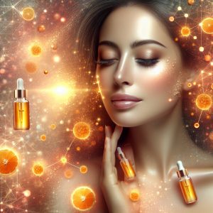 Vitamin C serum being absorbed into radiant, healthy skin