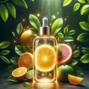 Vitamin C serum surrounded by fresh citrus fruits and green leaves