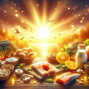 Sunny scene of Vitamin D-rich foods in golden sunlight promoting health and well-being