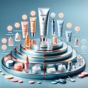 A visually appealing comparison table showcasing various vitamin E creams, including Genes Vitamin E Cream, each with distinct packaging and features, set against a backdrop symbolizing glowing skin health.