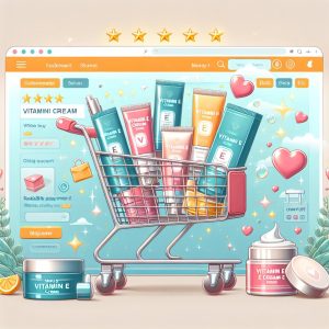Online shopping cart filled with various brands of vitamin E cream tubes and jars, showcasing user-friendly interface, secure payment options, and customer reviews for wellness blog about skincare.
