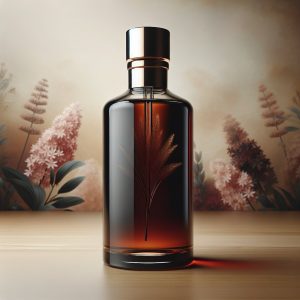 Luxurious glass bottle filled with dark brown Vitamin E oil, reflecting light on the label, against a soft background.