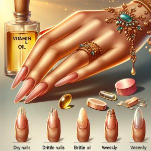 Manicured hand showcasing dry, brittle nails, and damaged cuticles surrounded by vitamin E oil elements to emphasize tailored care for stunning results.
