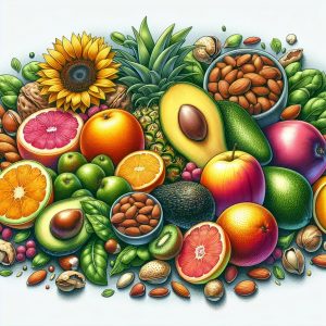 A vibrant display of colorful fruits like avocados, mangoes, kiwis, nuts and seeds like almonds, sunflower seeds, hazelnuts, and leafy greens such as spinach and kale, showcasing a variety of sources rich in Vitamin E.